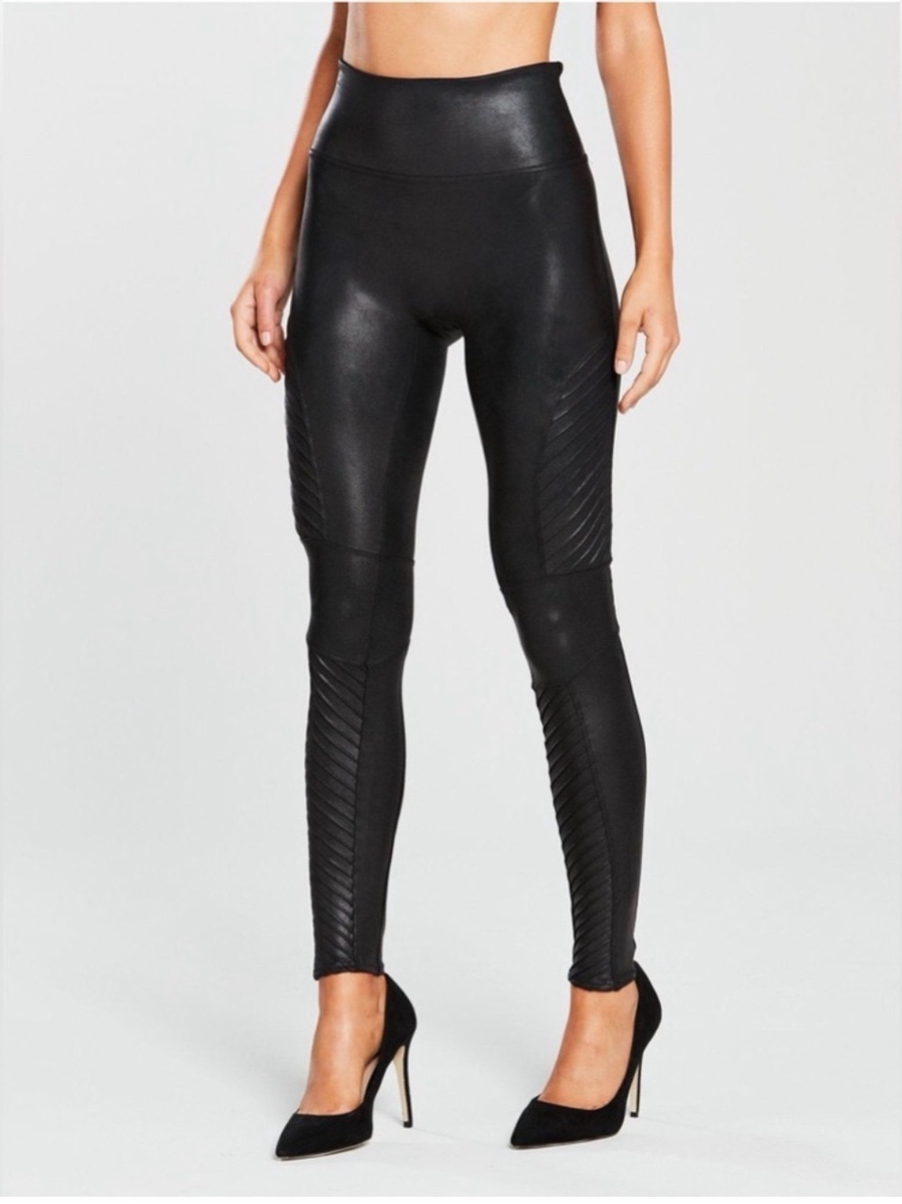 SPANX Black Faux-Leather Moto Quilted High-Rise Leggings